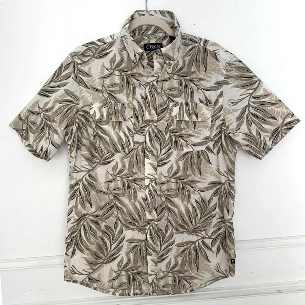 Chaps Button Up Shirt Mens Small Tan Tropical Leaf Vacation Casual Resortwear